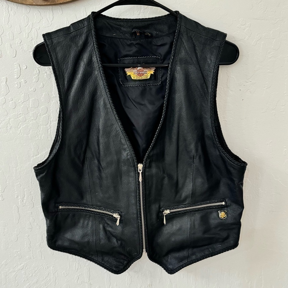 Harley Davidson Womens L Genuine Leather Zip Pocket Vest Biker Motorcycle Vtg